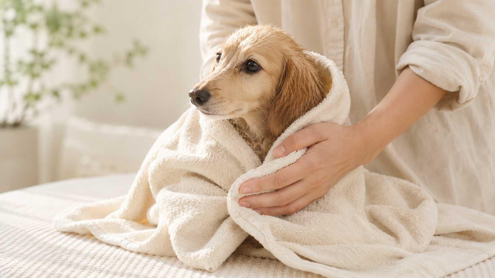バスタオルに包まれたシャンプー後の犬