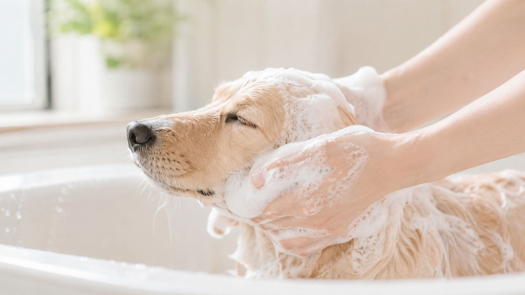 泡でやさしく洗われている犬
