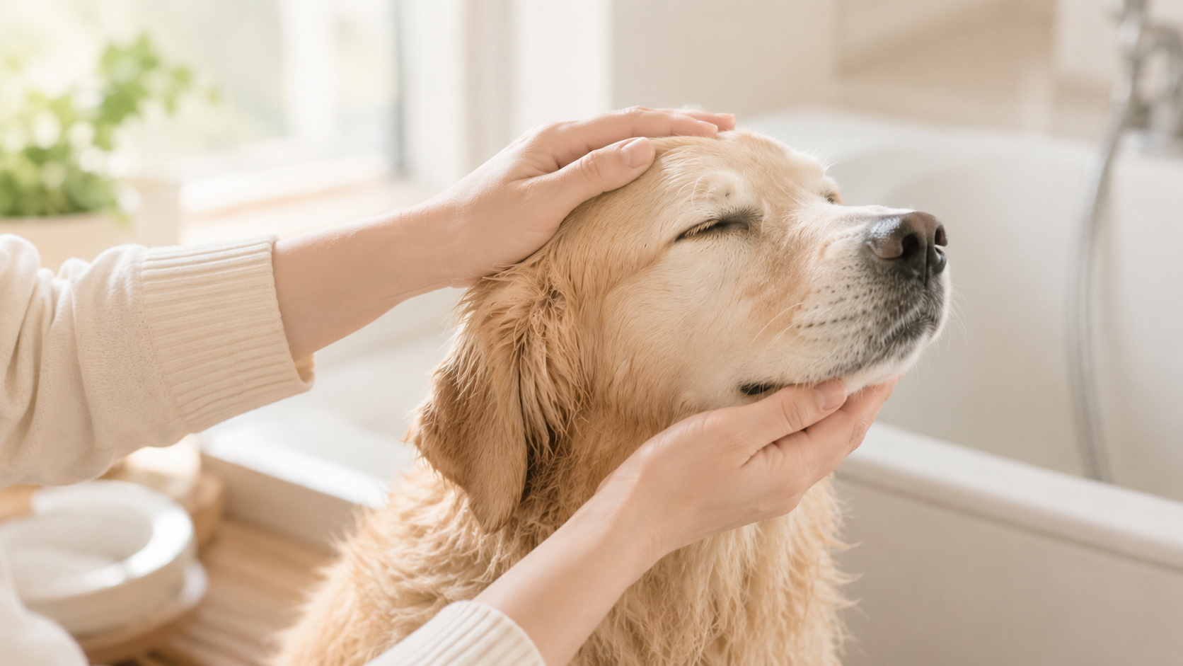飼い主にやさしくケアされる犬