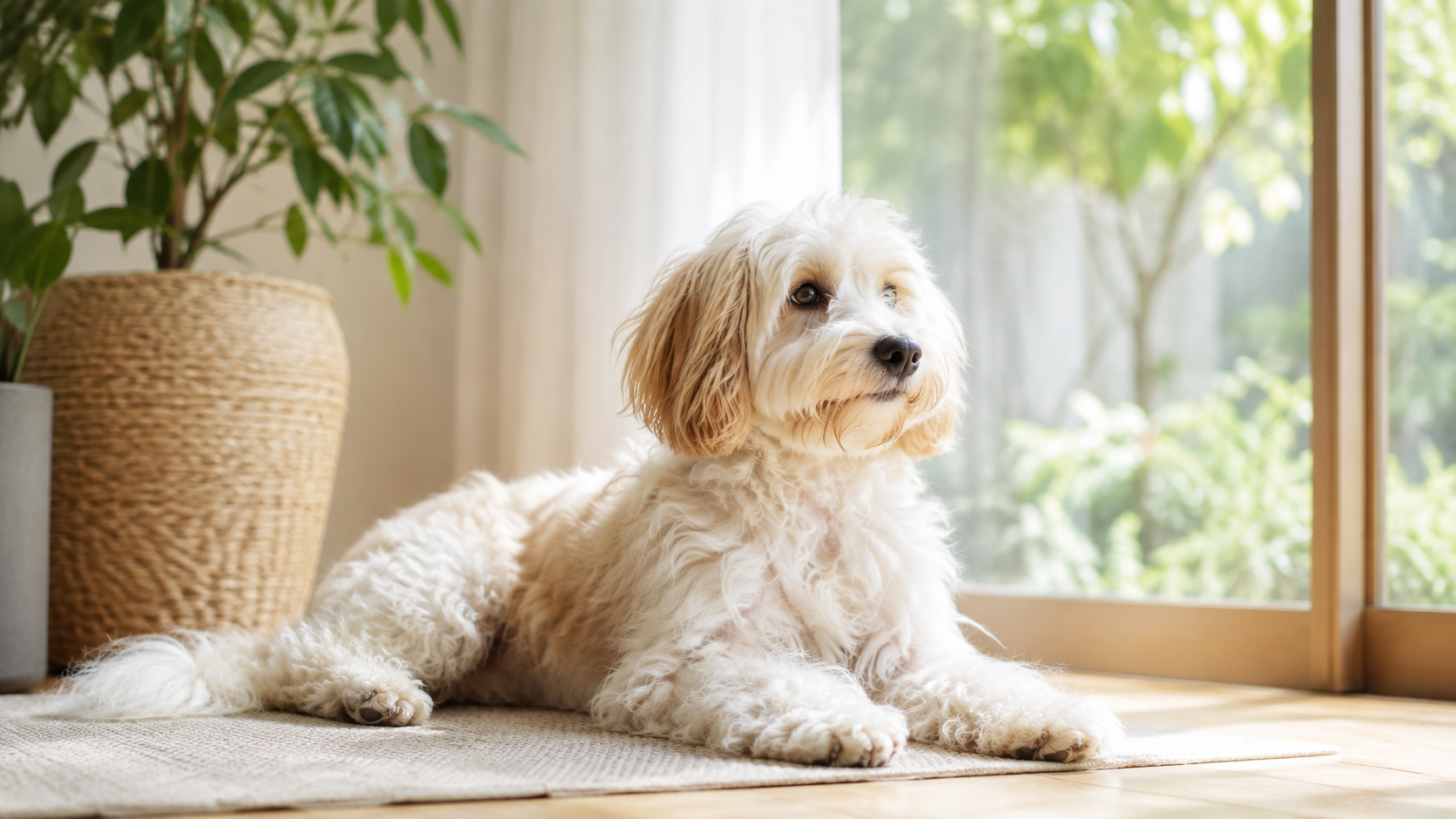 夏の明るい室内で清潔にくつろぐ犬