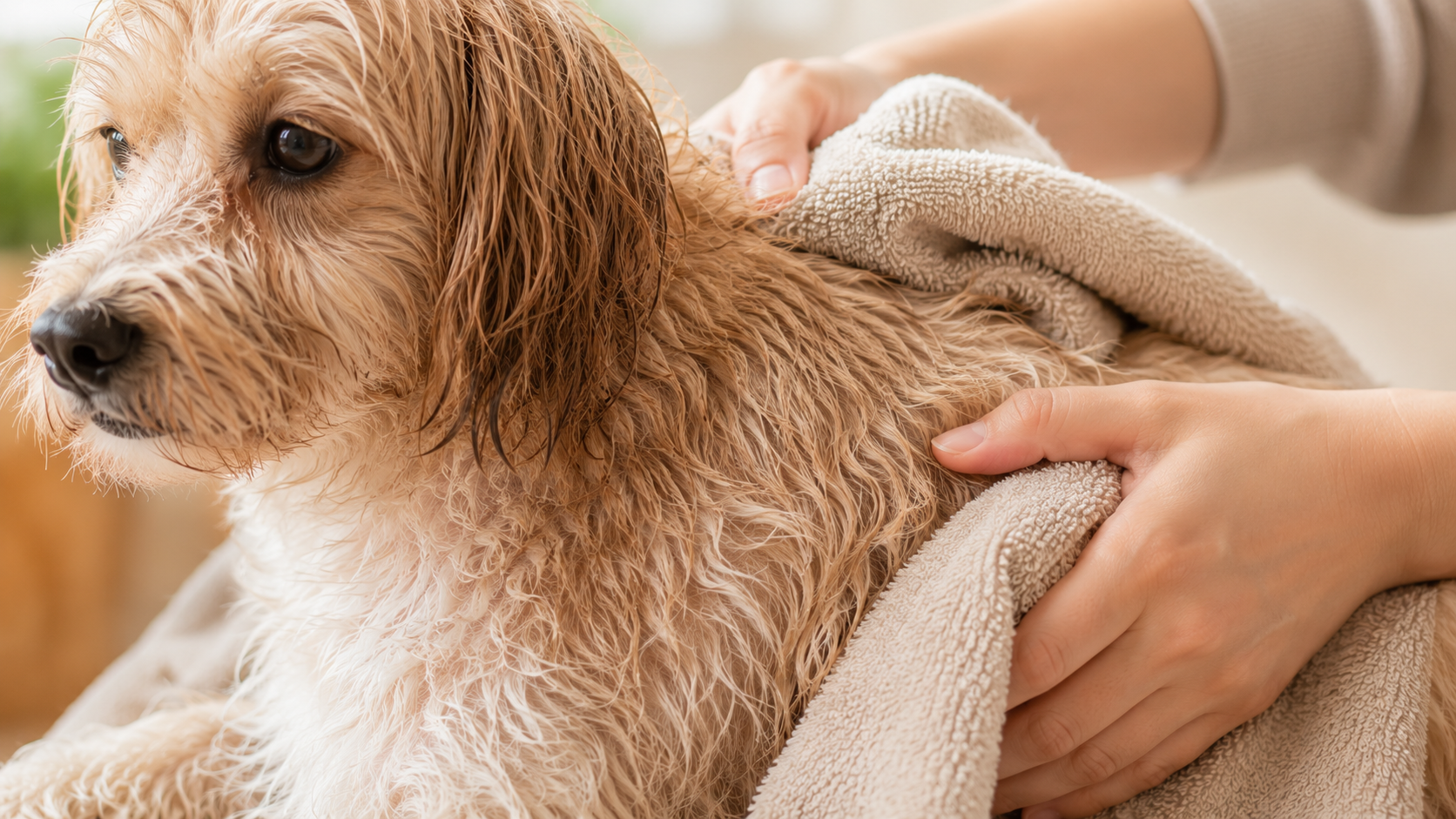 タオルで水気をふき取られる犬の被毛