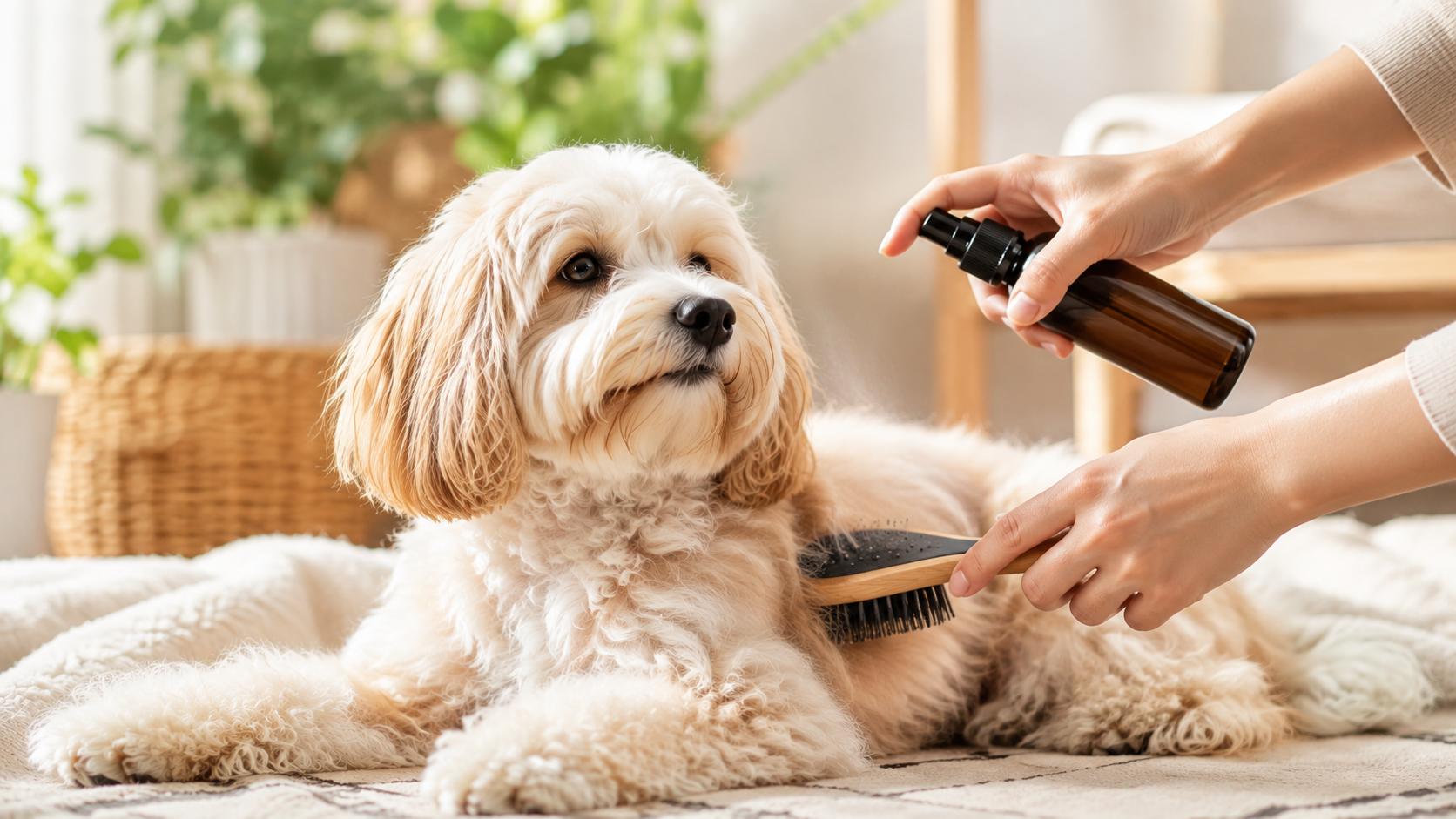 洗わない日にブラッシングで被毛を整える犬