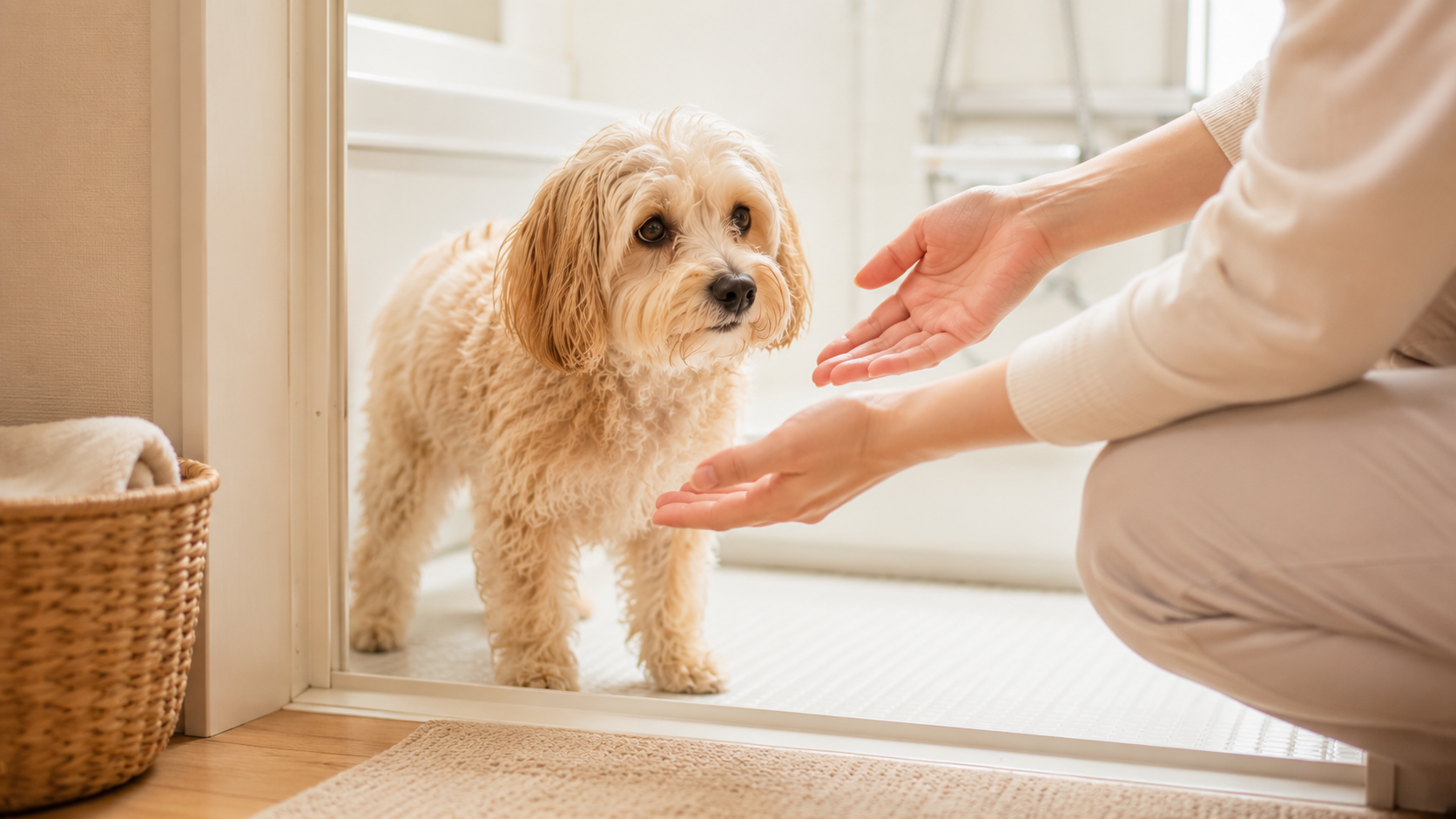 シャンプー前に浴室でやさしく声をかけられる犬