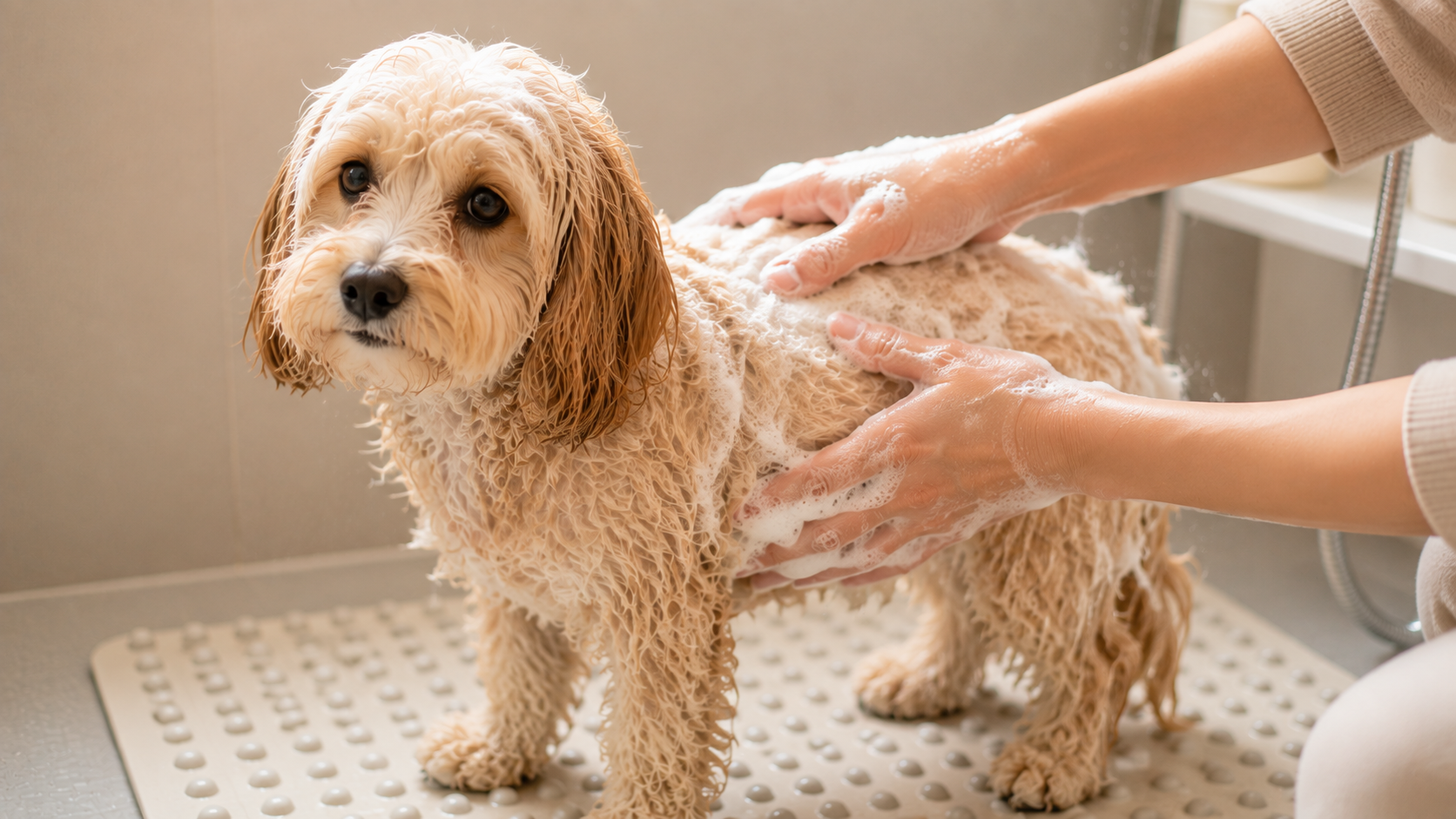 滑り止めマットの上で泡でやさしく洗われる犬