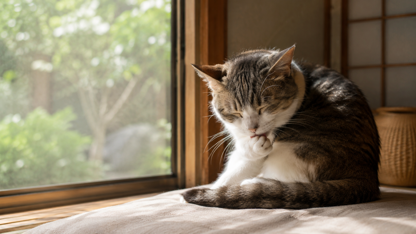 窓辺で毛づくろいをする猫