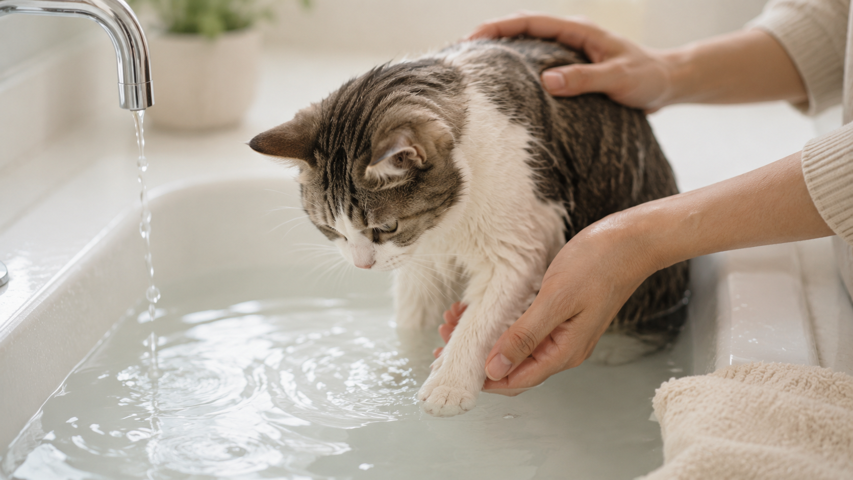 シンクでぬるめのお湯にやさしく慣らされる猫