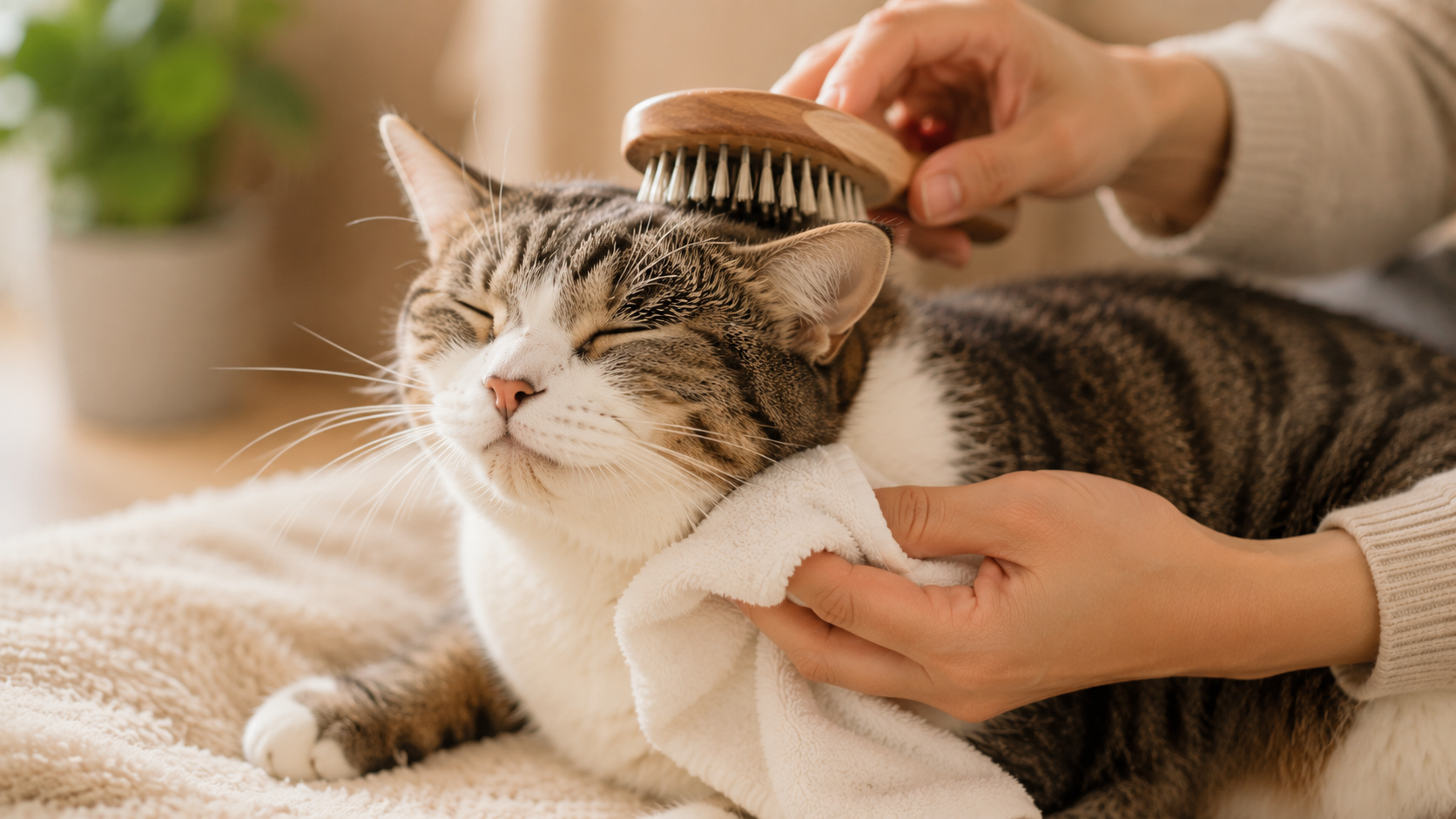 ブラッシングや拭き取りで水なしケアをする猫