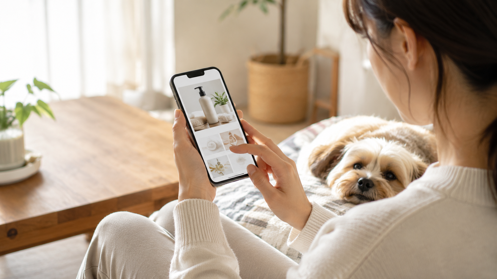 犬用シャンプーの成分や特徴をスマートフォンで確認する飼い主