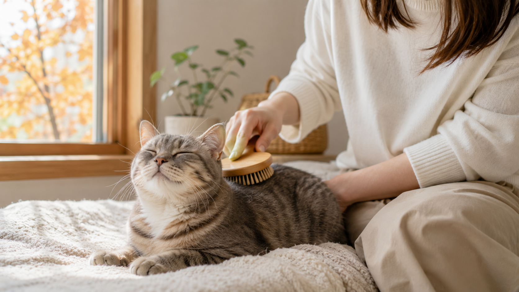 秋の室内で猫の被毛をブラッシングしている様子