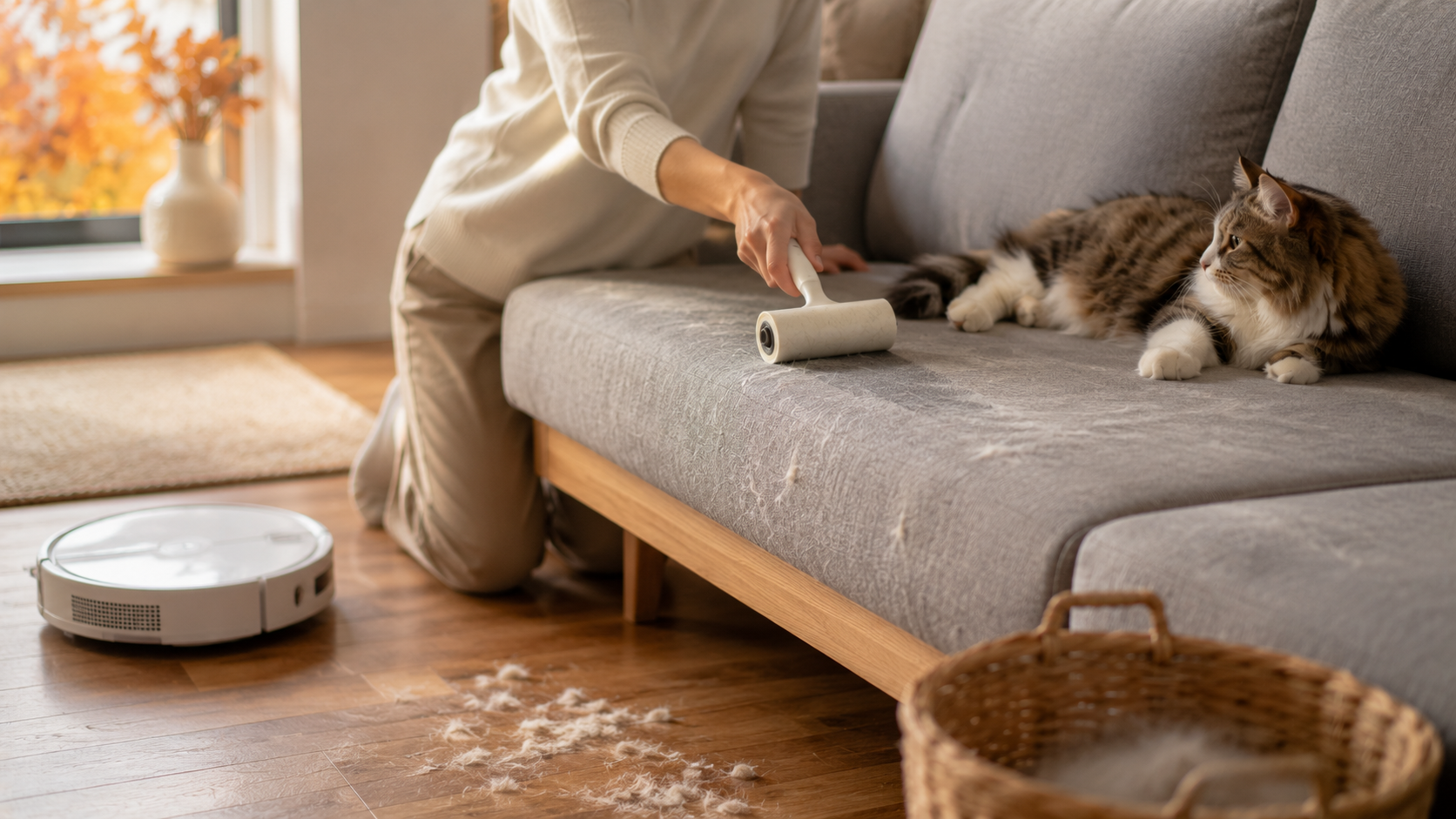 秋の換毛期に猫の抜け毛がついた室内の様子