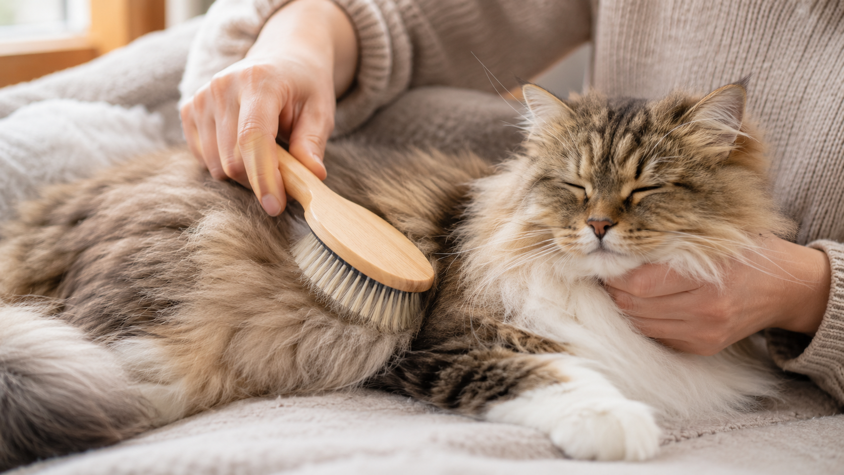 長毛の猫をブラッシングしている様子