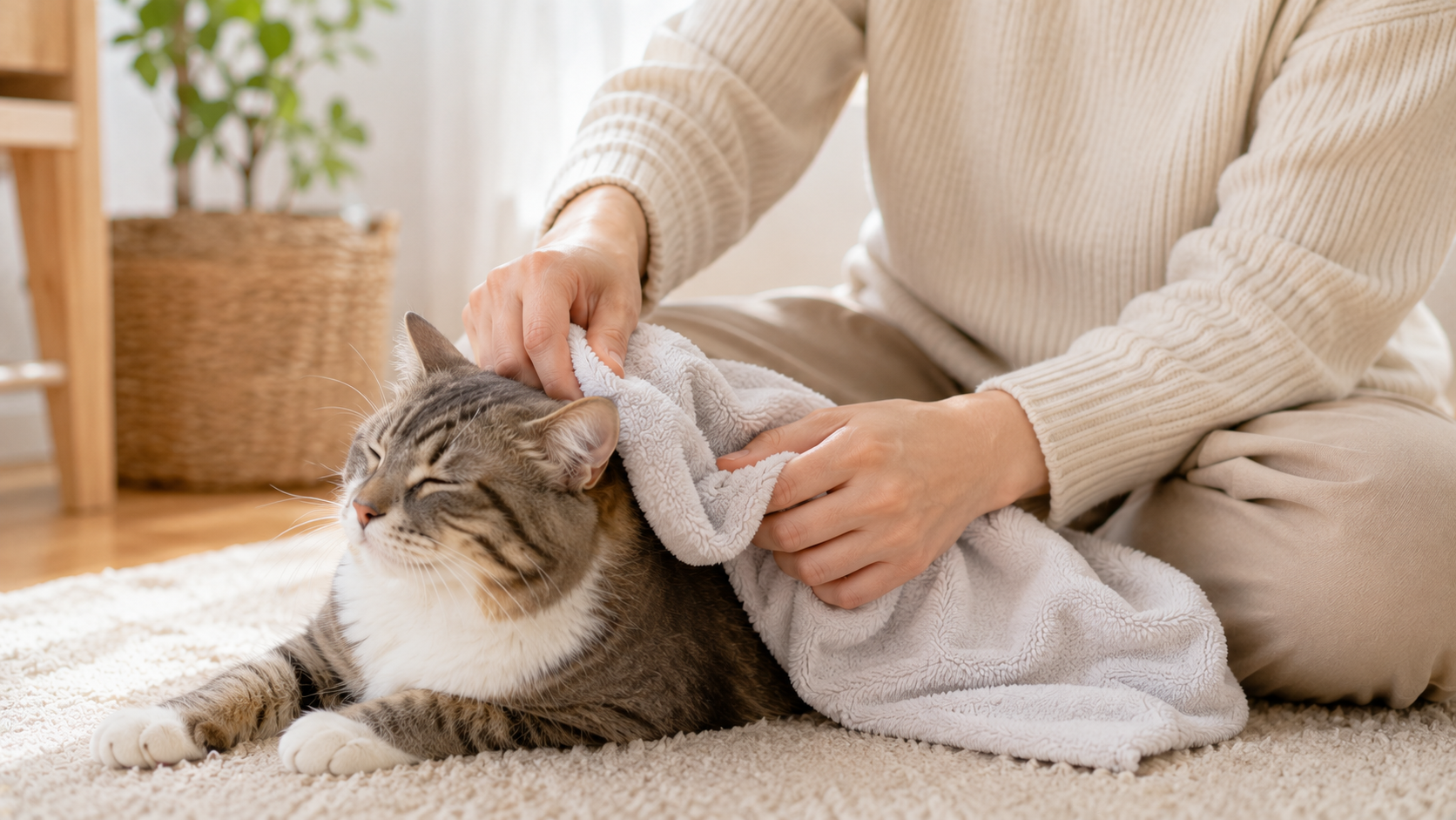 タオルを使って猫の被毛をお手入れしている様子