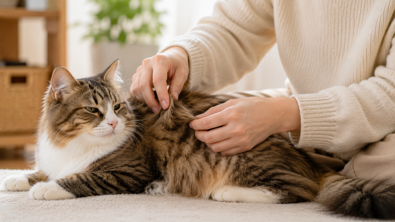 猫の被毛の状態を確認している飼い主