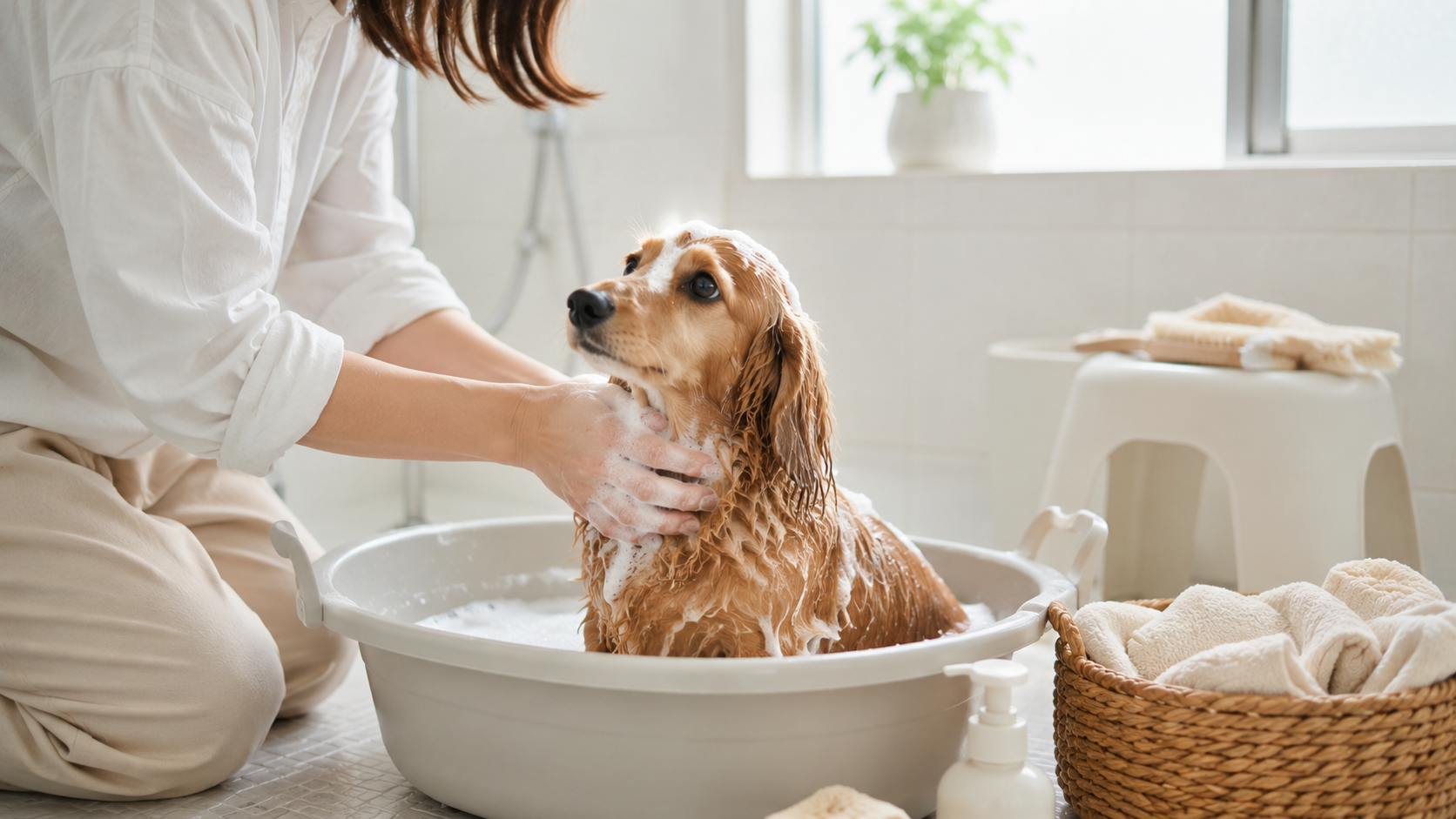 自宅で愛犬をシャンプーする様子