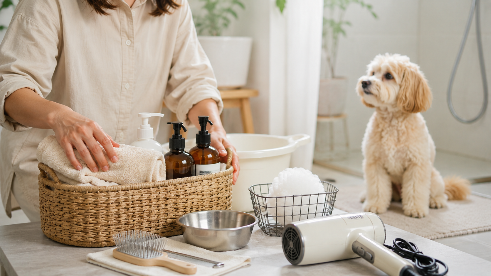 犬のシャンプー前に必要な道具を準備する様子