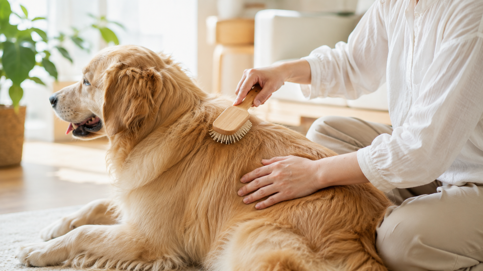ブラッシングをしながら犬の被毛の状態を確認する飼い主