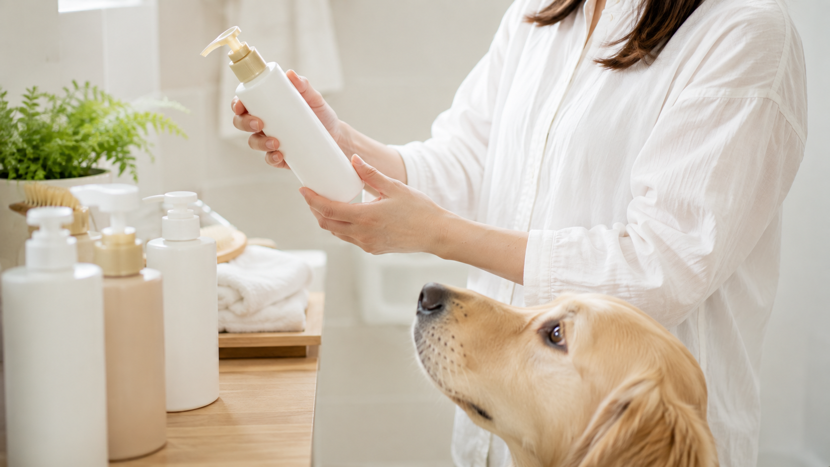 犬用シャンプーを選ぶ飼い主が商品の表示を確認している様子