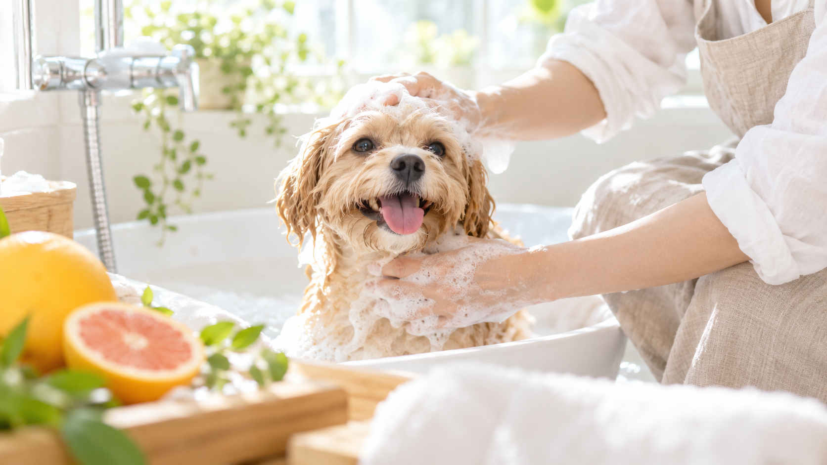 自宅で愛犬をシャンプーしている様子