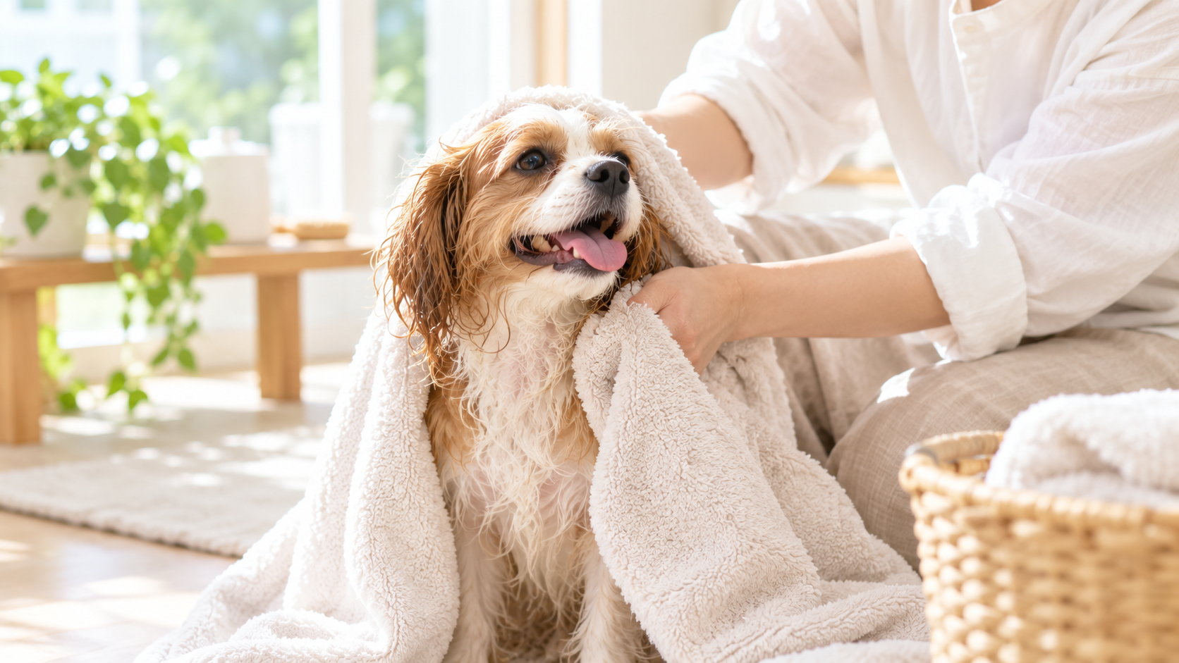シャンプー後の愛犬をタオルで拭いている様子