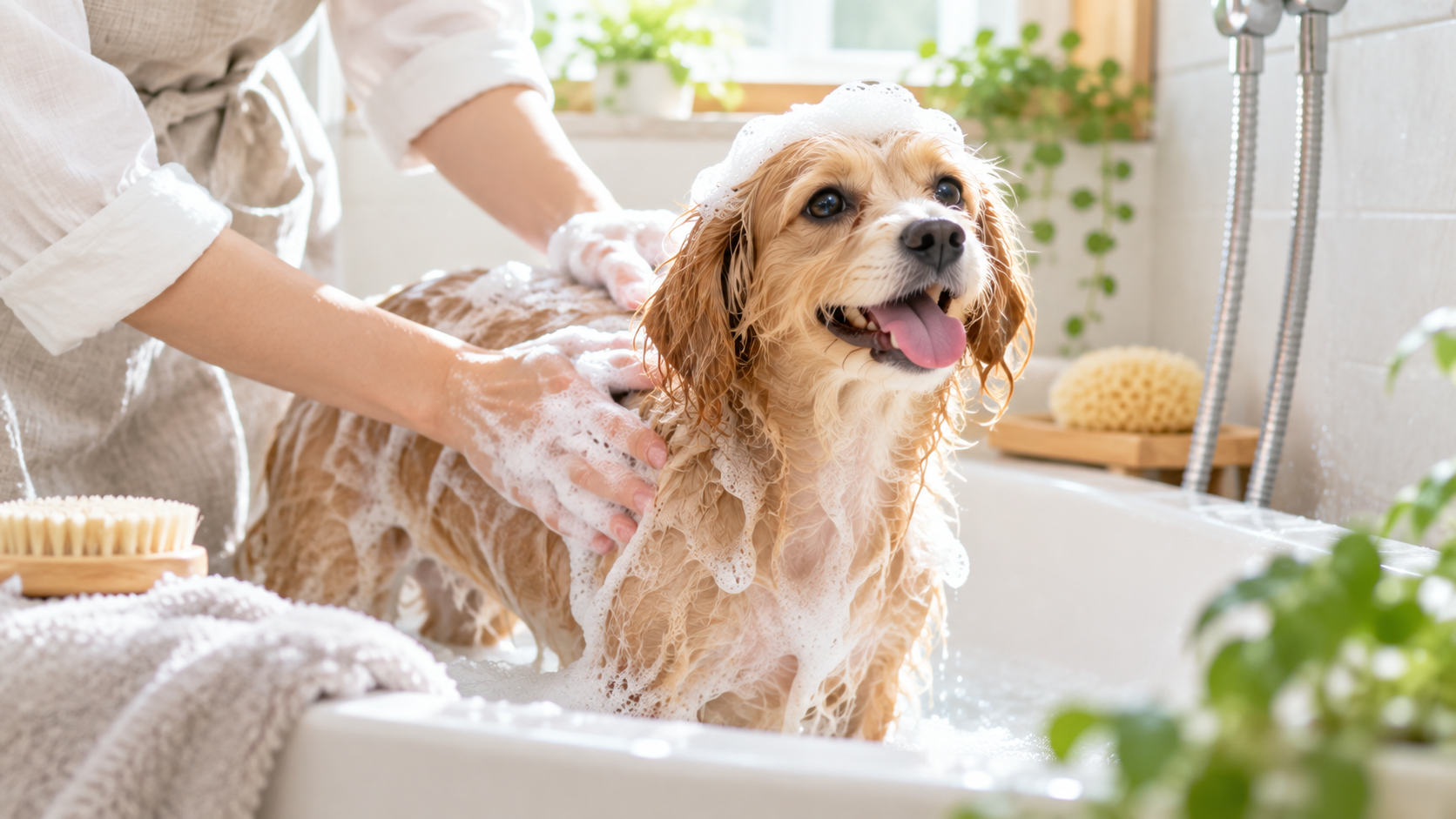 自宅で愛犬のシャンプーをしている様子