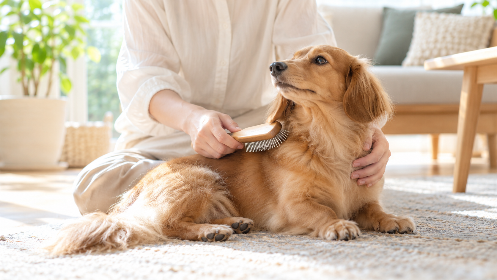 飼い主が愛犬の被毛を確認しながらグルーミングする様子