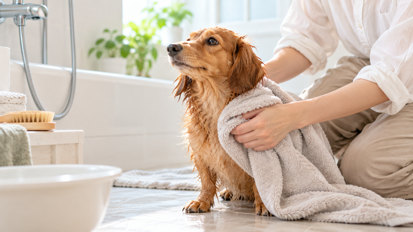 自宅で愛犬をタオルドライするグルーミングの様子