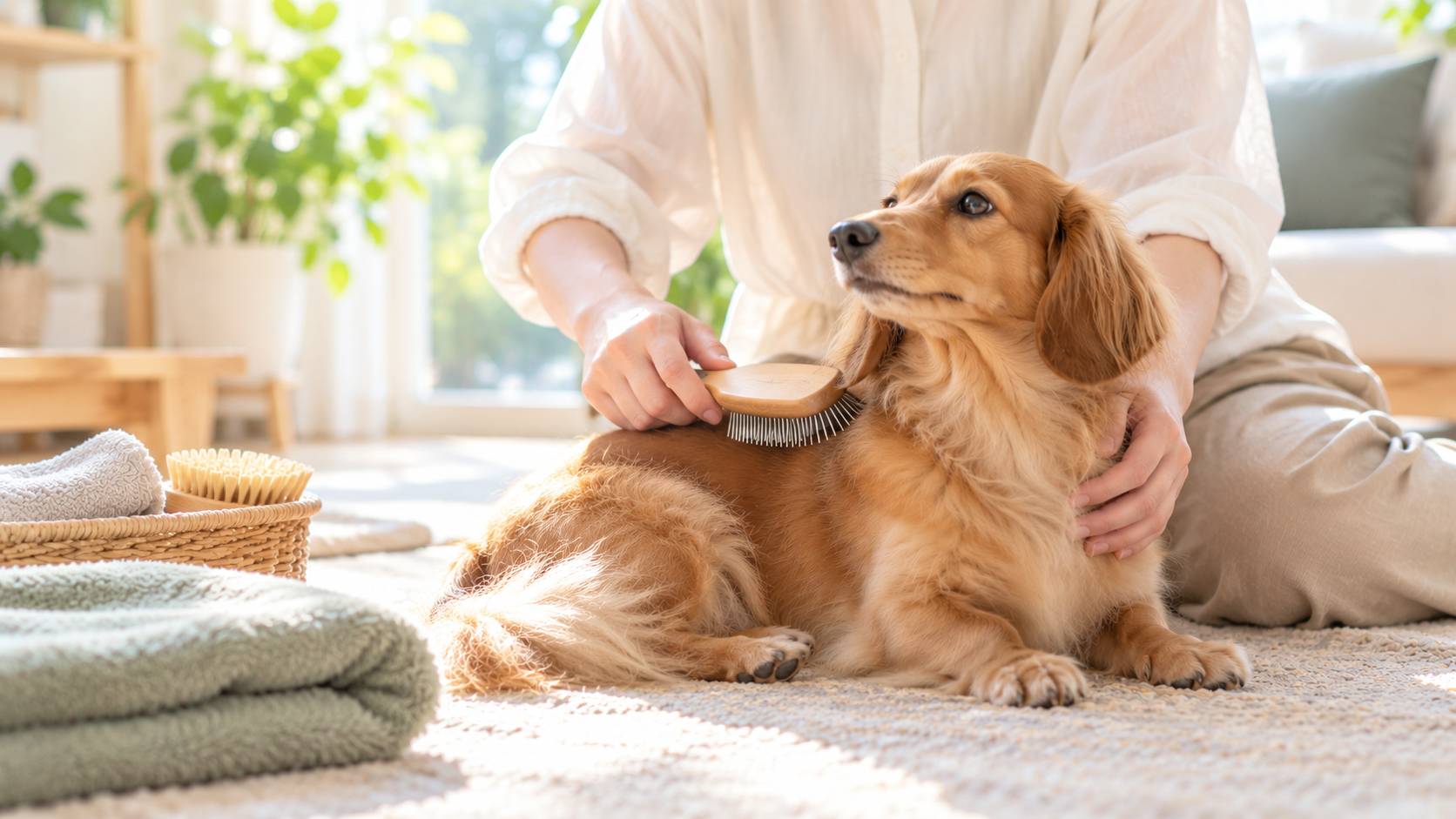 自宅で愛犬の被毛をブラッシングする日常のグルーミング