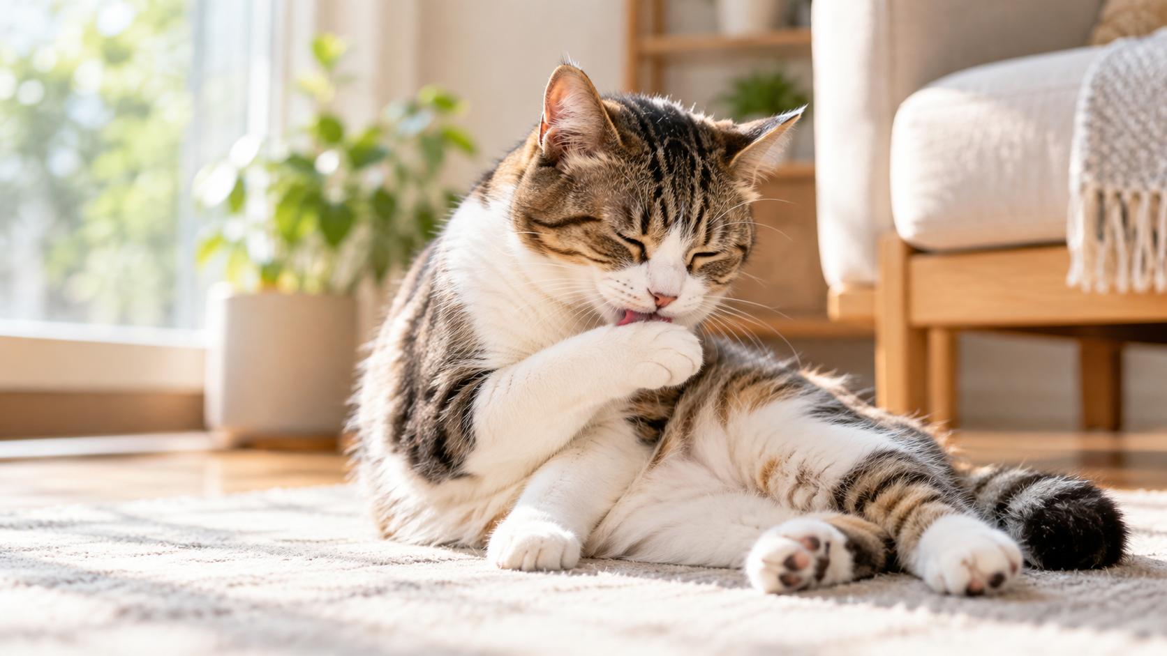 自宅で落ち着いて毛づくろいをする猫