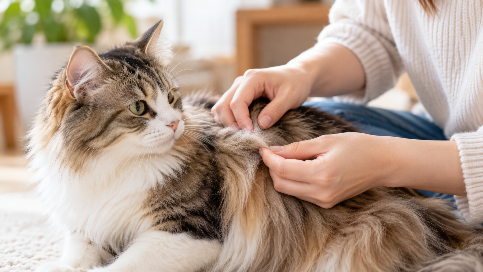愛猫の被毛の状態を確認する飼い主