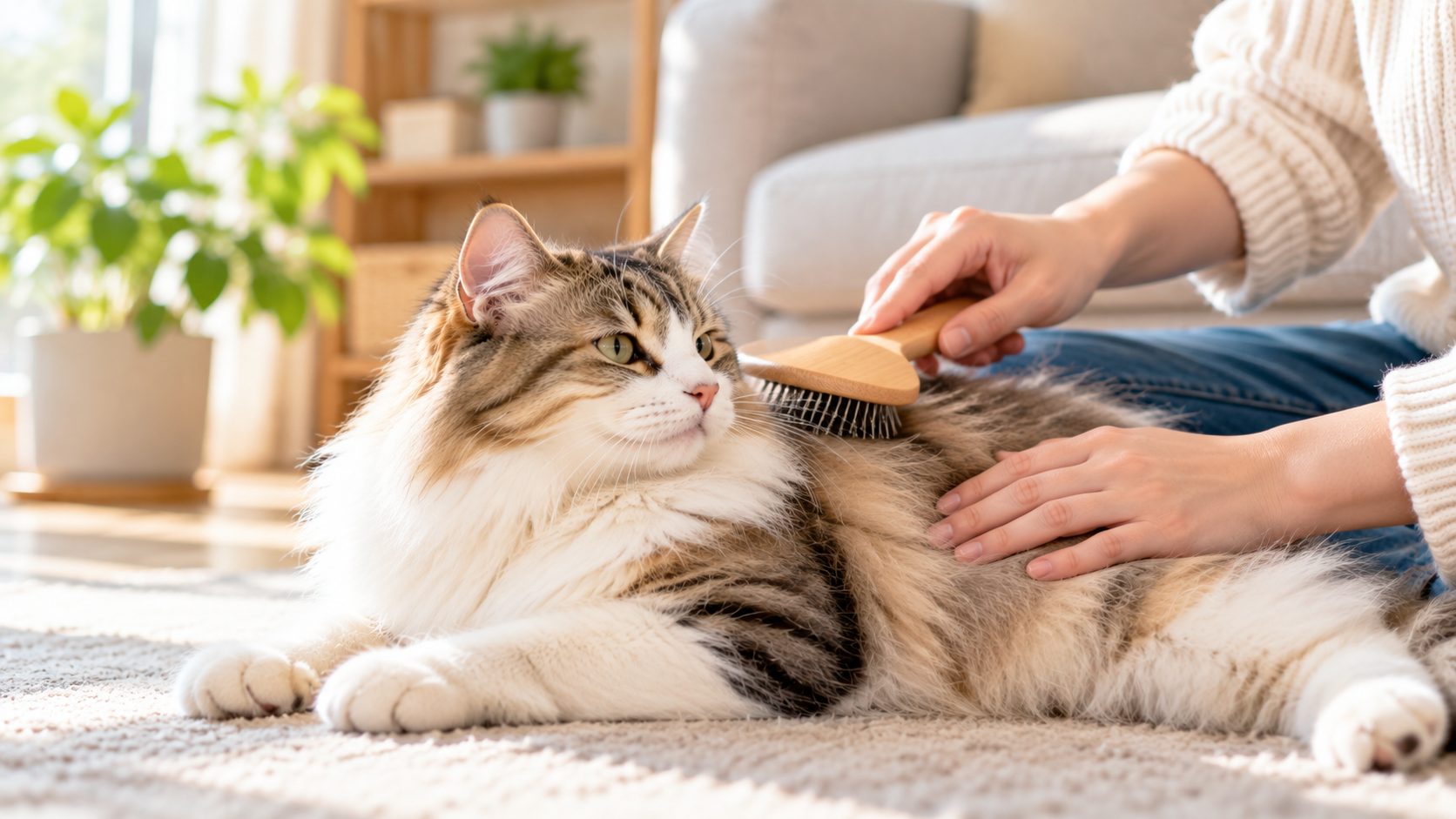 自宅で猫の被毛をブラッシングする日常ケア