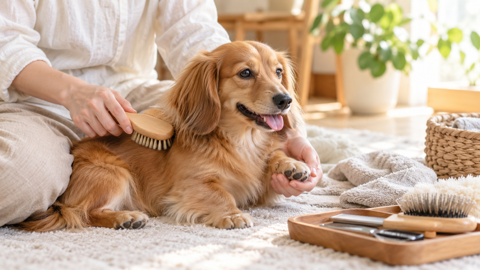 自宅で愛犬のお手入れをする様子