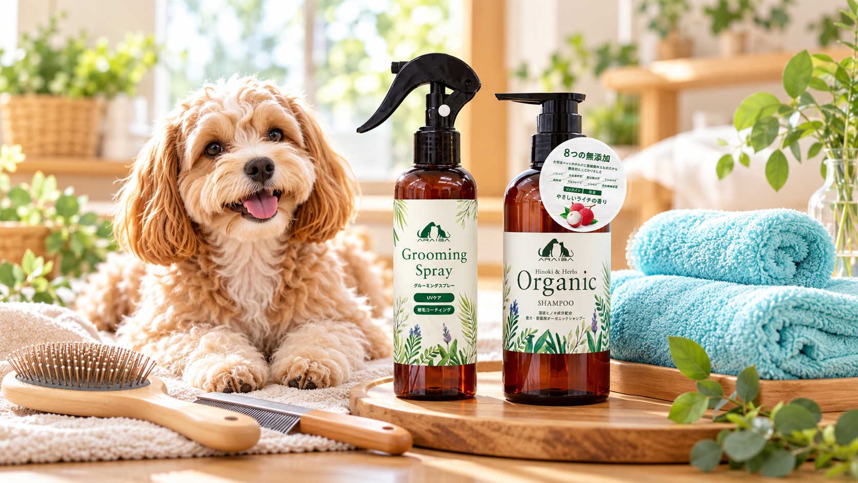 ARAIBAの犬用グルーミング用品を並べたイメージ