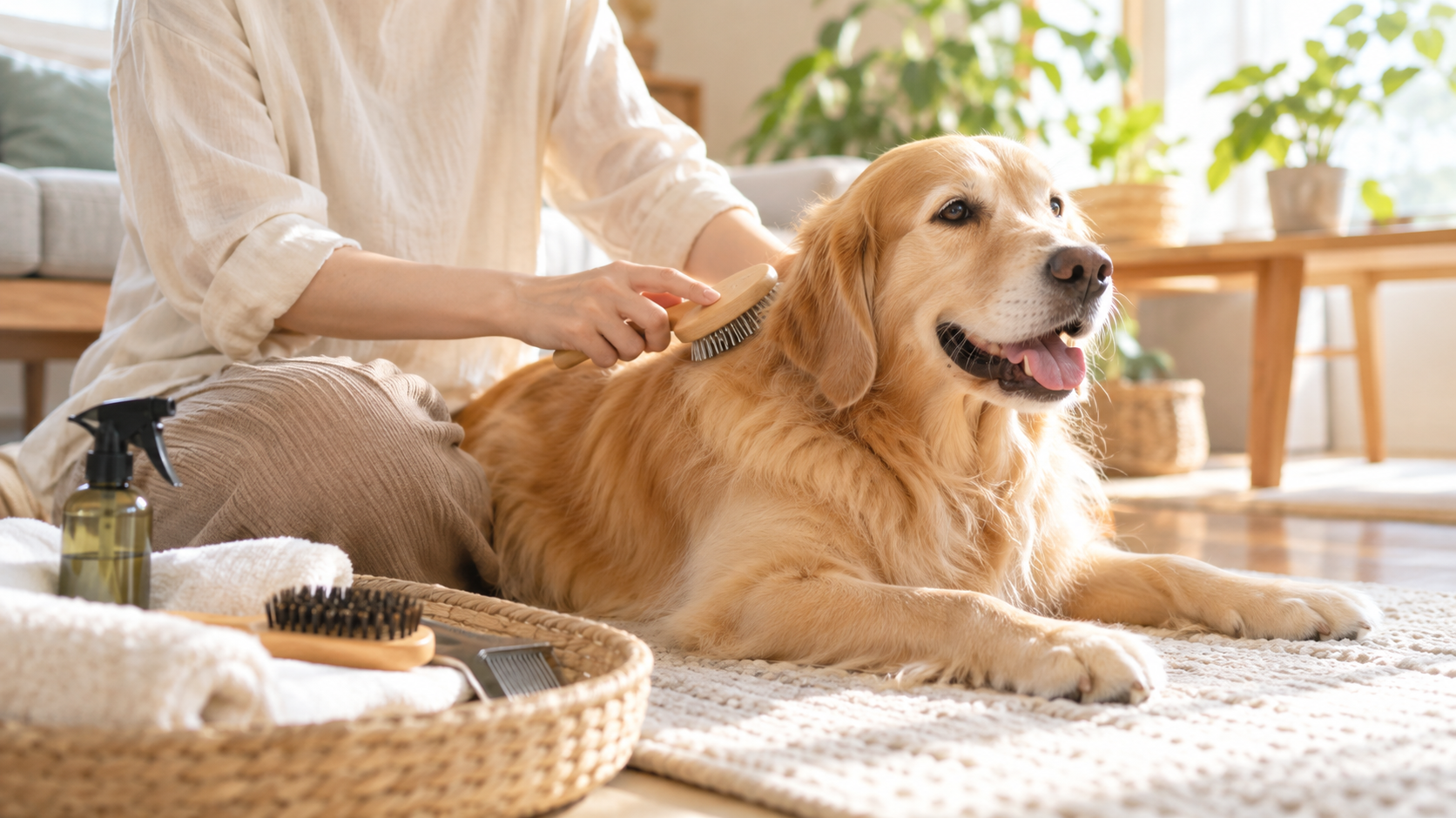A必要な用品を使って自宅で犬のグルーミングをする様子