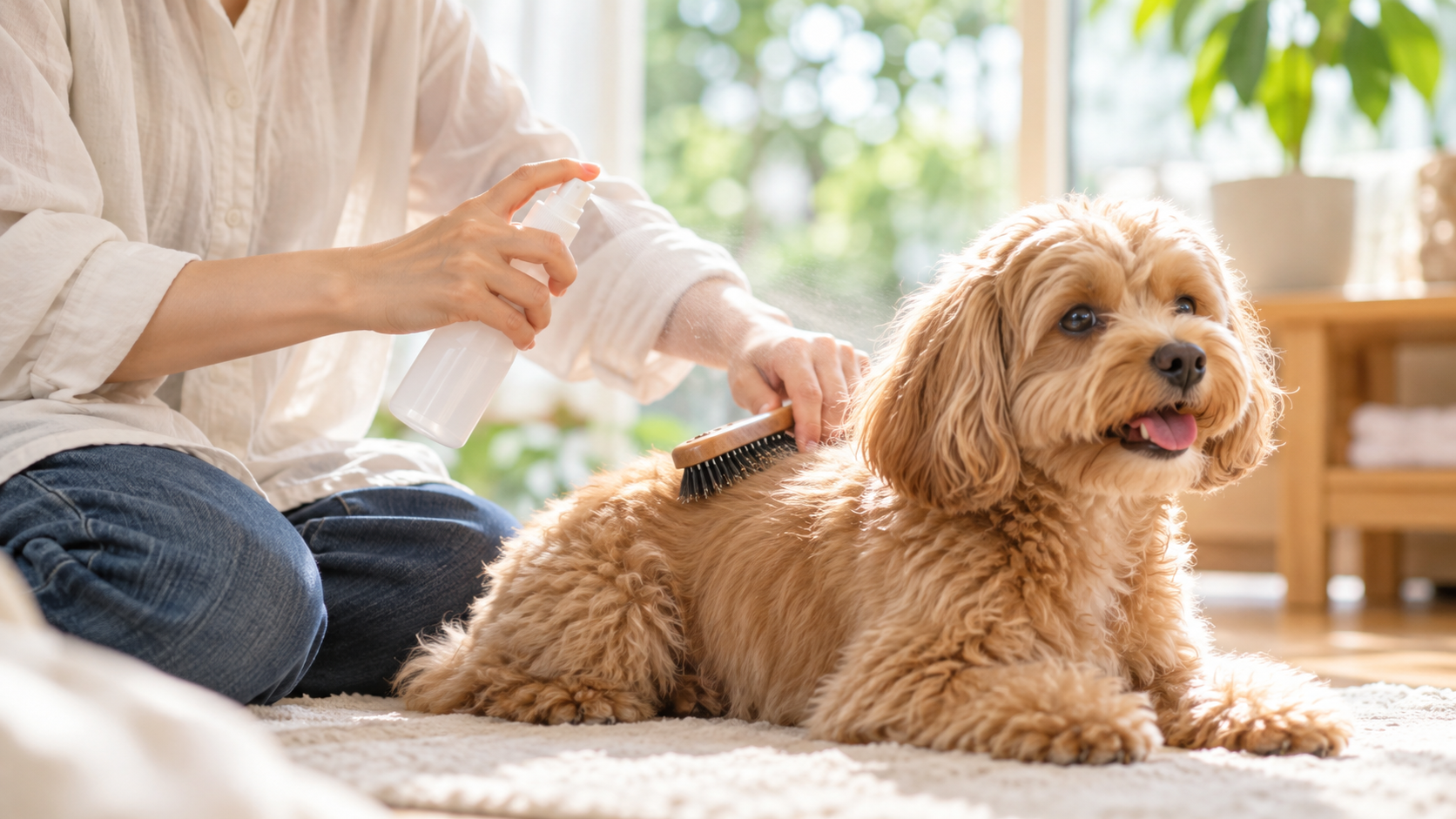 グルーミングスプレーを使いながら愛犬をブラッシングする飼い主