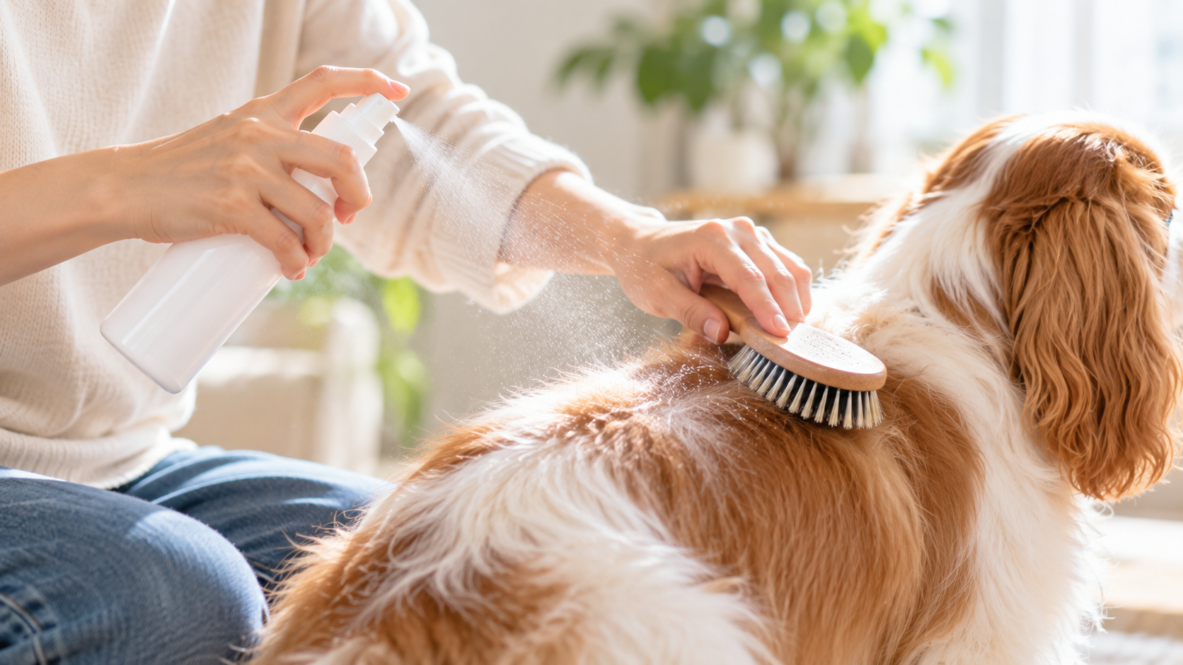 愛犬の被毛にグルーミングスプレーを使ってブラッシングする様子
