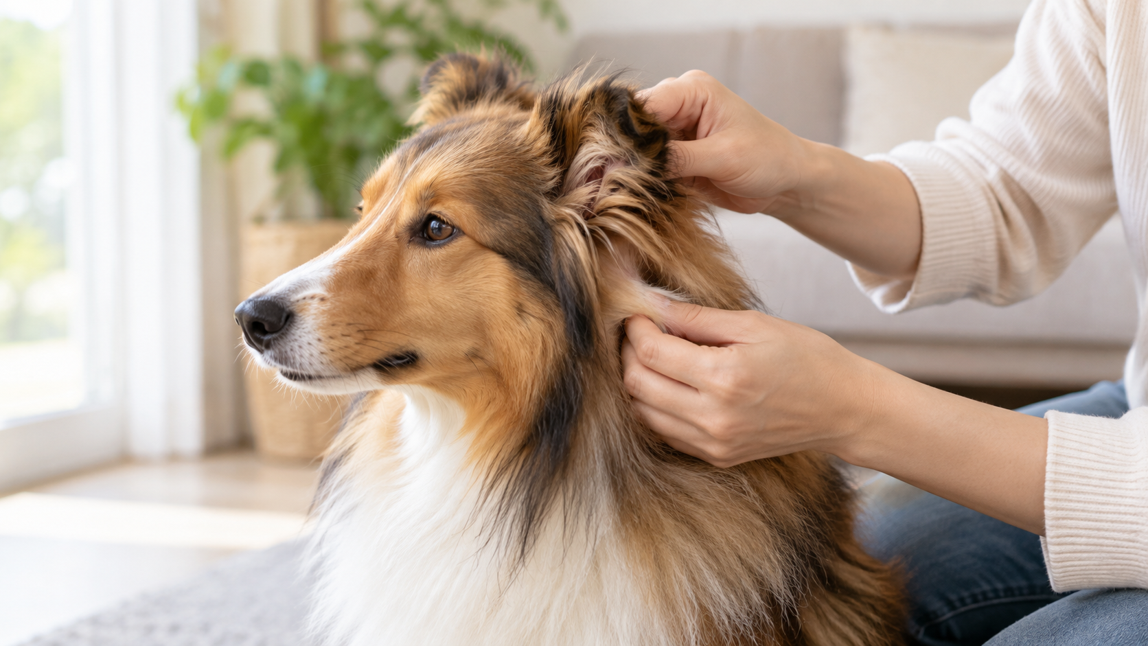 犬の耳の後ろや首まわりの被毛を確認するグルーミング