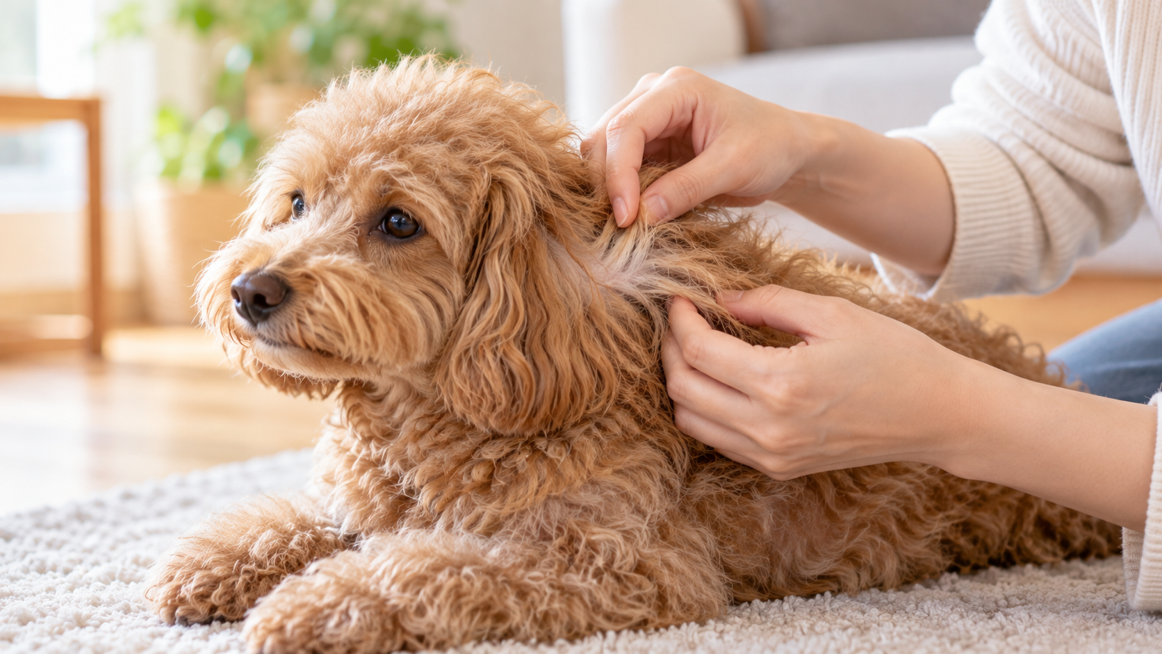 犬の被毛を分けて毛玉の状態を確認する様子