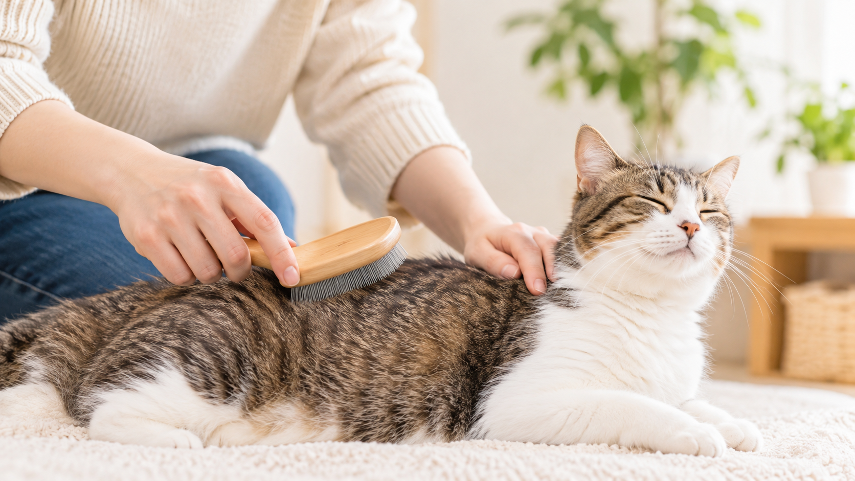 飼い主が猫の被毛を確認しながらブラッシングする様子