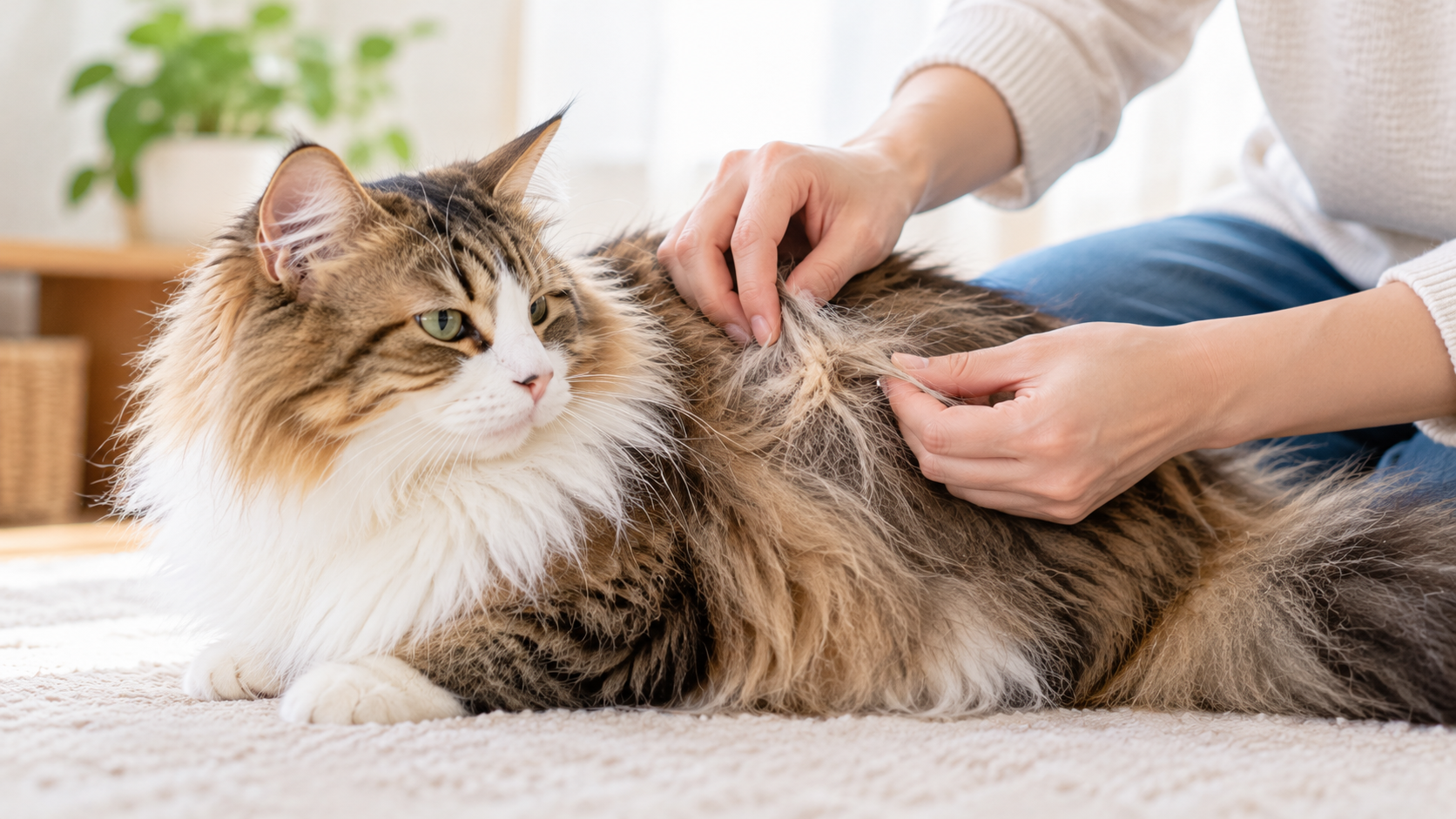 長毛の猫の被毛を分けて絡まりの状態を確認する様子