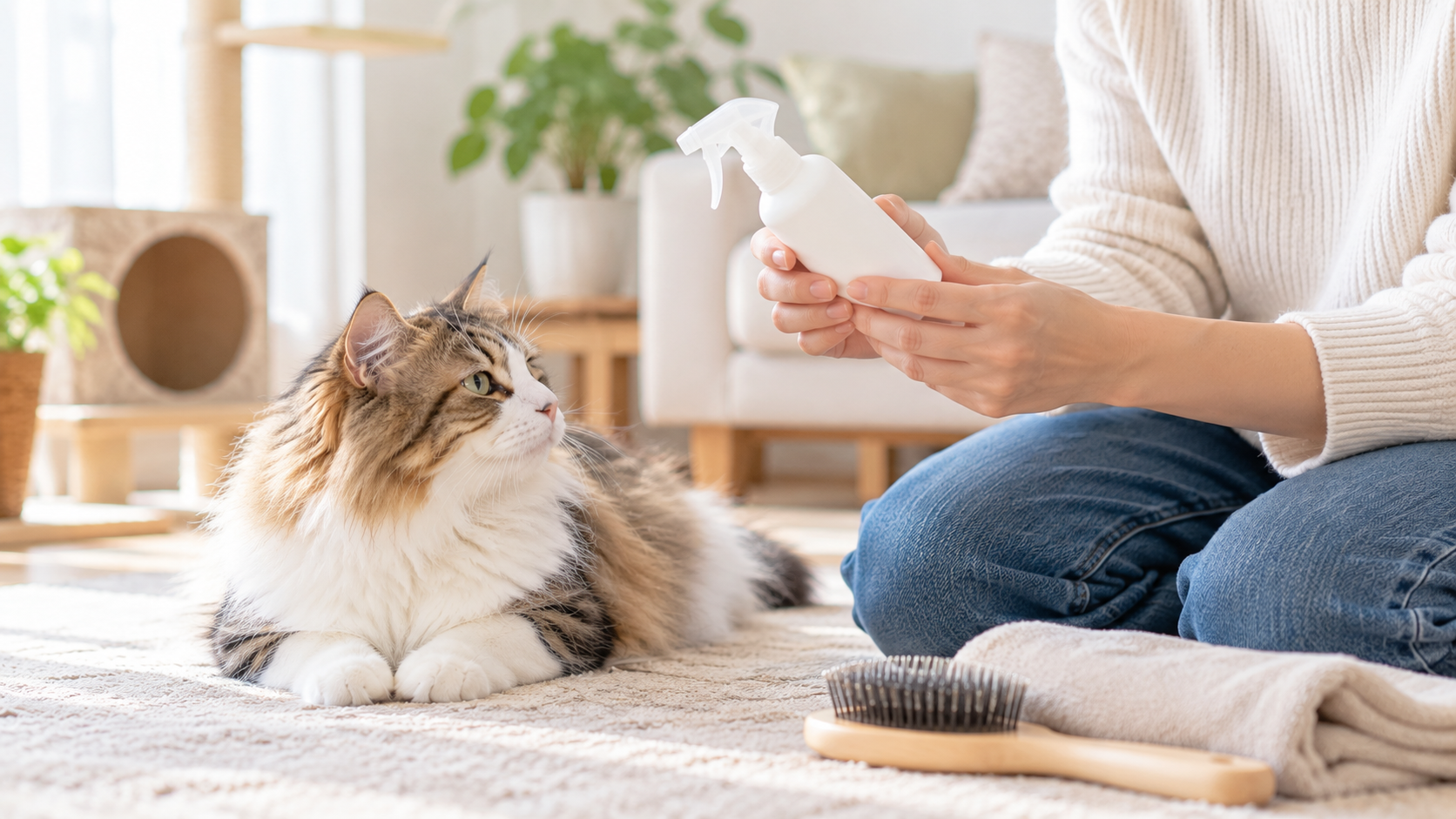 猫のそばでグルーミングスプレーの使用方法を確認する飼い主