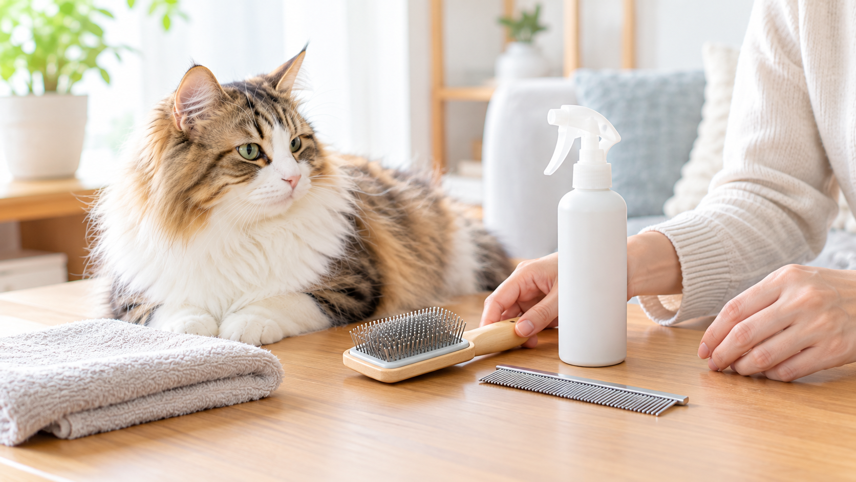 猫のブラッシングに使うケア用品を準備する様子