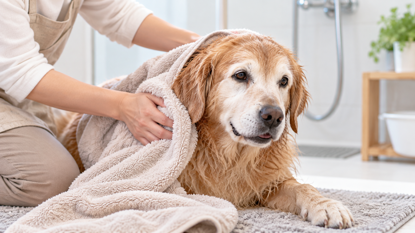 タオルでシニア犬の被毛の水分を丁寧に拭き取る様子