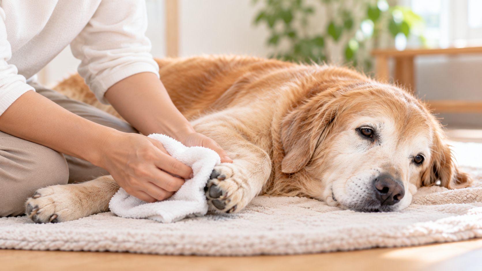 横になっている老犬の足元を布で拭き取る部分ケア